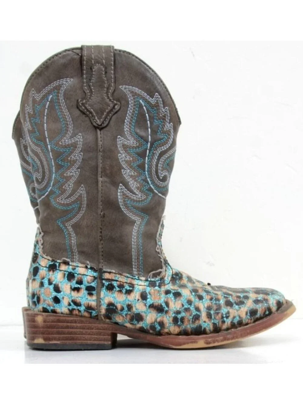 Roper Girls' 11 Glitter Teal Leopard Western Boots - Square Toe Cowgirl